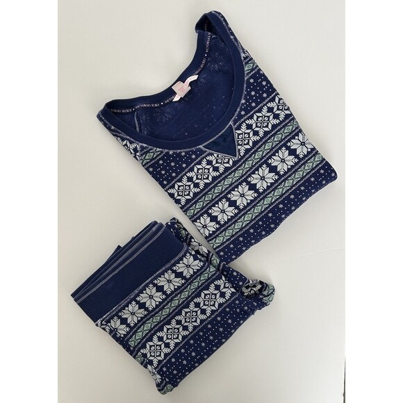 Victorias Secret Thermal Pajama Set Fair Isle Snowflake Print Womens Size M Blue - Picture 1 of 15